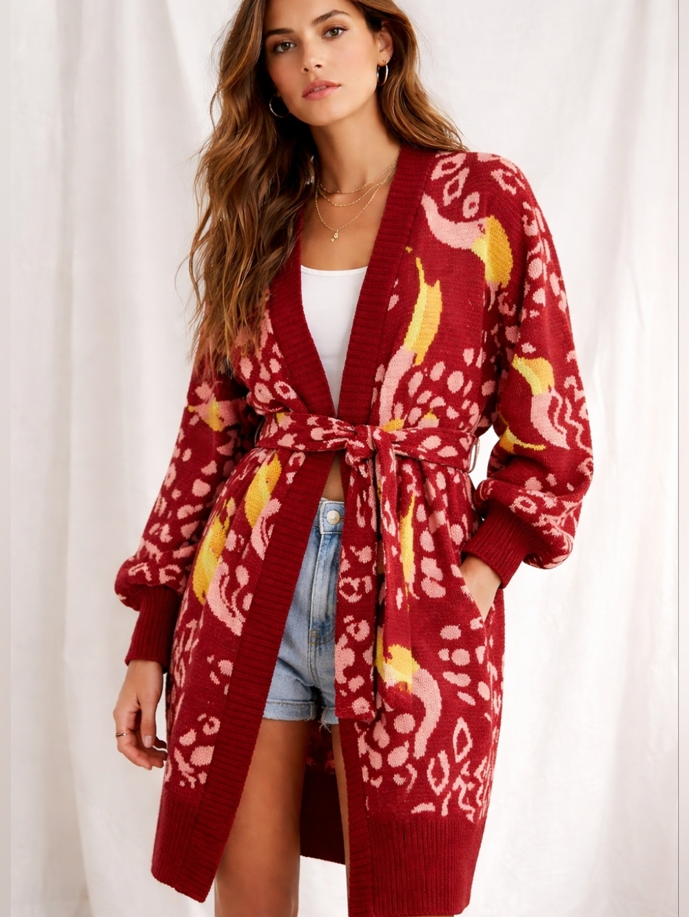 FARM Rio Toucanissimo Belted Longline Cardigan Red Burgundy Cozy